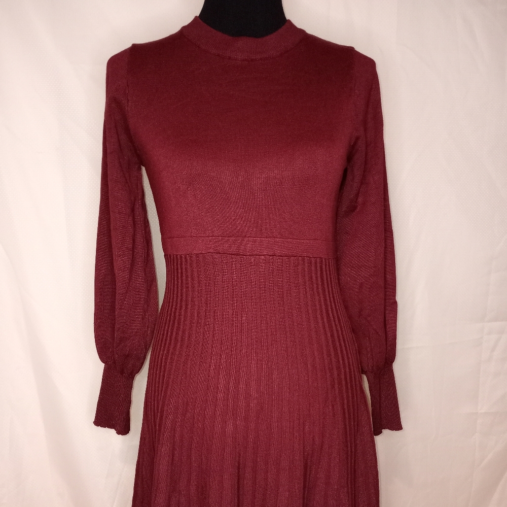 Red Ribbed Mock Neck Bishop Sleeve Dress